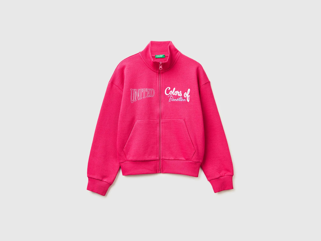 Benetton Fuchsia Girls Zip-Up Sweatshirt with Print SKU: 3J68C505U_12E Image 01