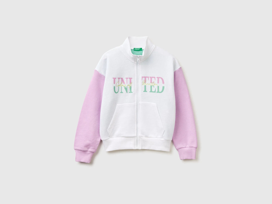 Benetton White Girls Zip-Up Sweatshirt with Print SKU: 3J68C505U_902 Image 01