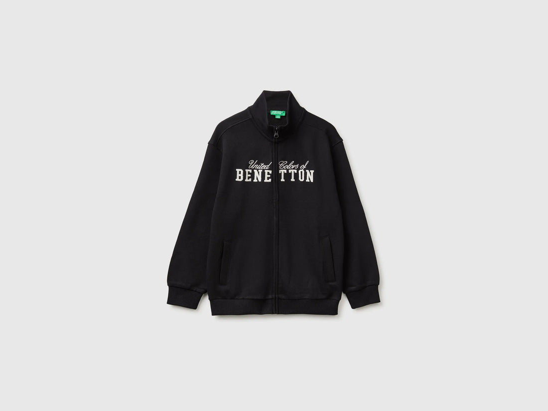 Benetton Black Boys 100% Cotton Zip-Up Sweatshirt SKU: 3J68C506E_100 Image 01