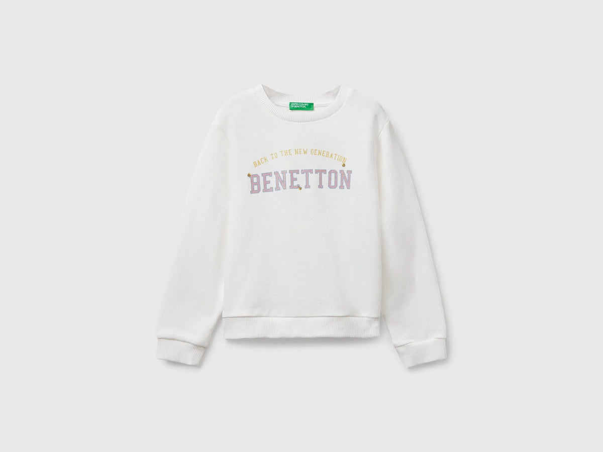 Benetton Creamy white Girls Sweatshirt with Glittery Print SKU: 3J70G10JR_074 Image 01
