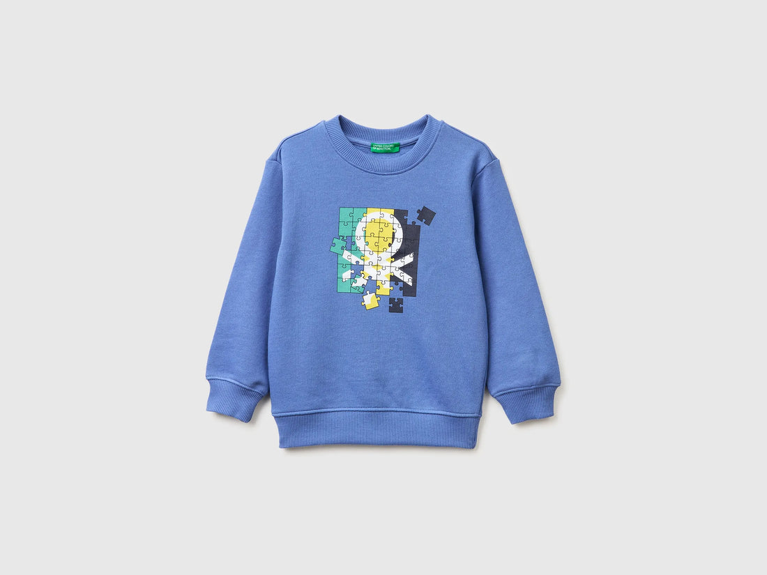 Benetton Air force blue Boys Organic Cotton Sweatshirt with Logo Print SKU: 3J70G10LJ_05N Image 01