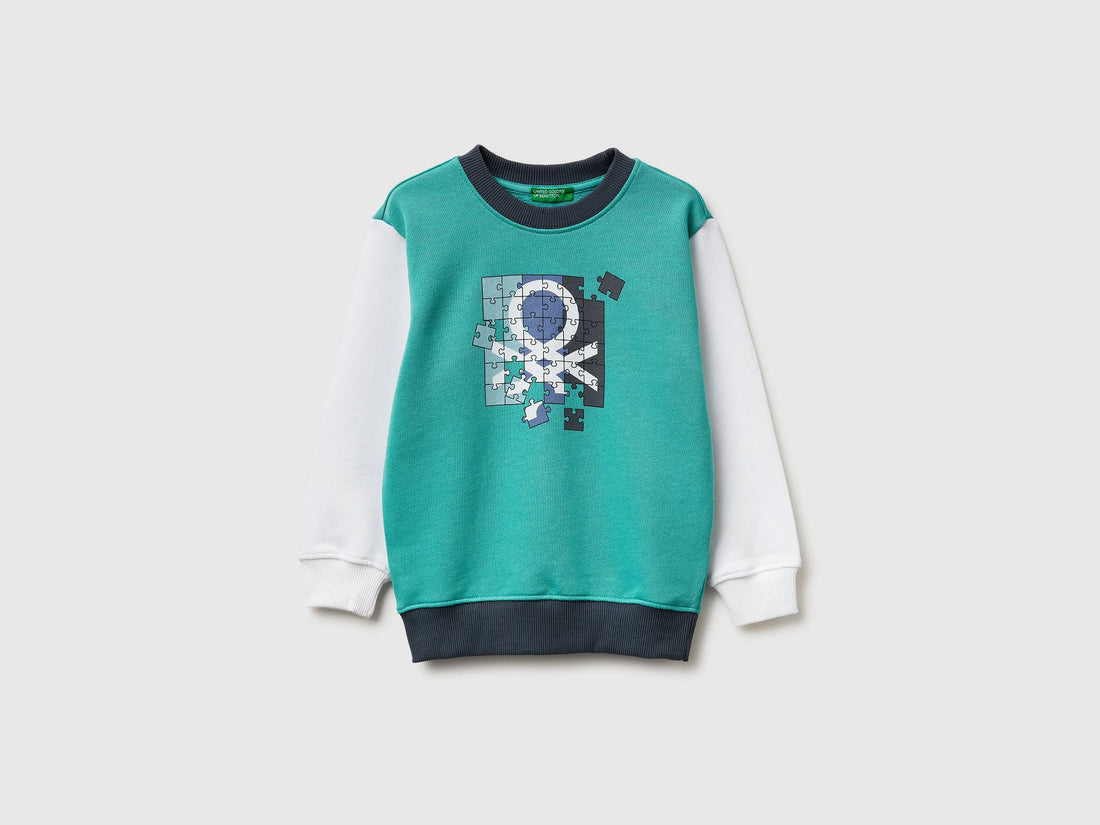 Benetton Aqua Boys Organic Cotton Sweatshirt with Logo Print SKU: 3J70G10LJ_903 Image 01