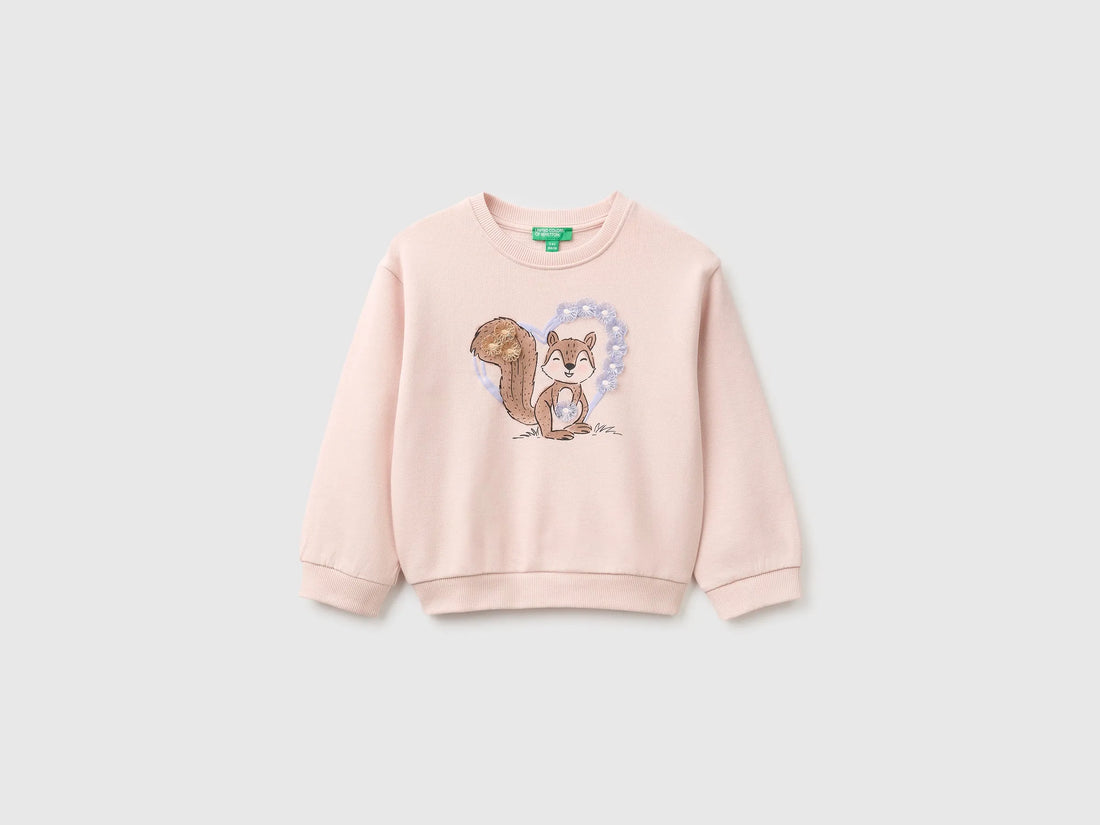 Benetton Soft Pink Girls Sweatshirt with Print and Embroidery in Organic Cotton SKU: 3J70G10NJ_08Q Image 01