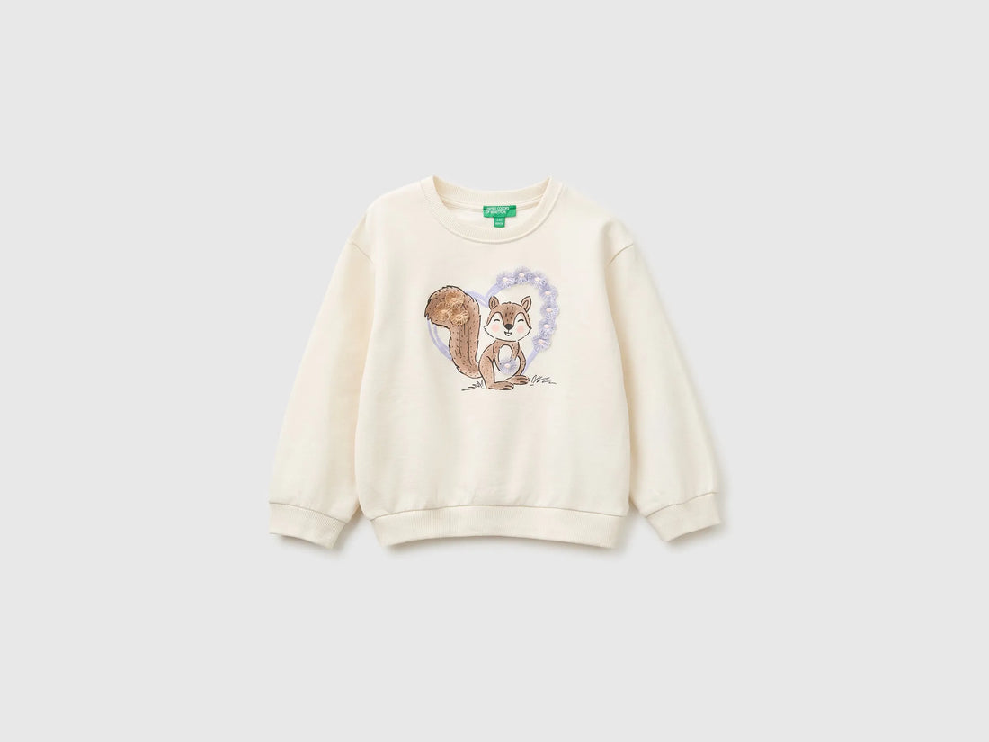 Benetton Creamy White Girls Sweatshirt with Print and Embroidery in Organic Cotton SKU: 3J70G10NJ_0R2 Image 01