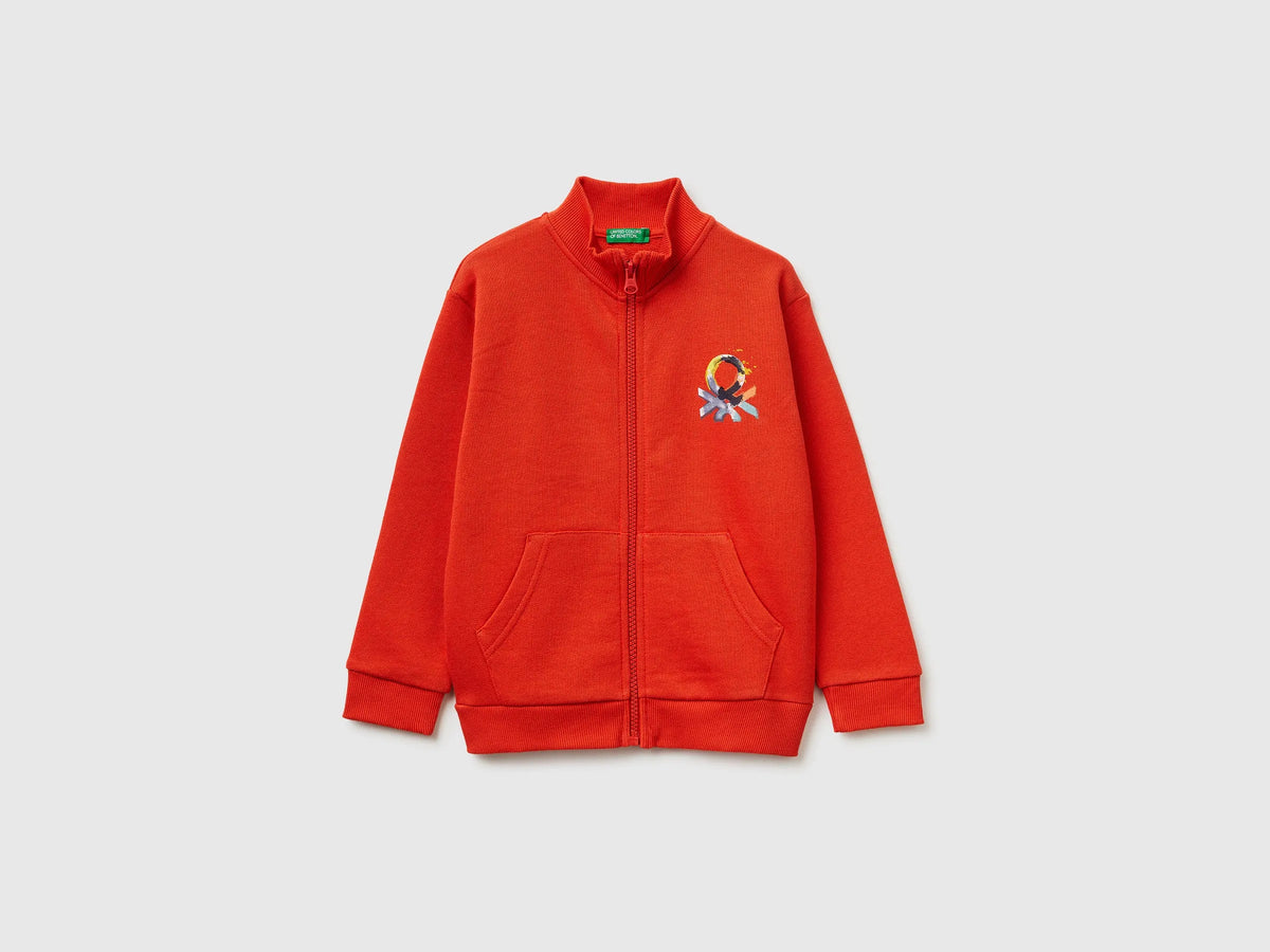 Benetton Orange coral Boys Organic Cotton Zip-Up Sweatshirt SKU: 3J70G504A_34Y Image 01