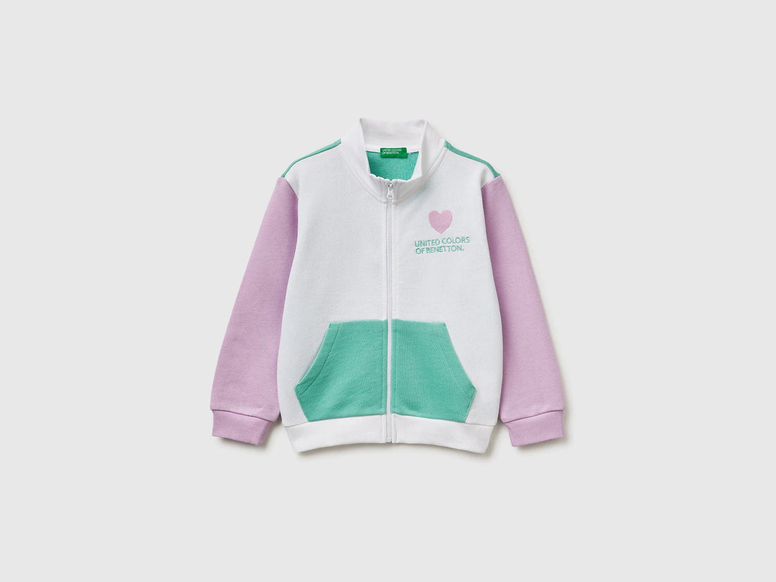 Benetton White Girls Zip-Up Sweatshirt with Print SKU: 3J70G504B_902 Image 01