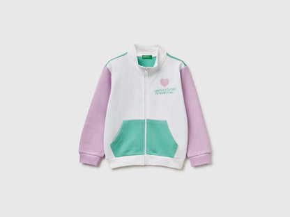 Benetton White Girls Zip-Up Sweatshirt with Print SKU: 3J70G504B_902 Image 01
