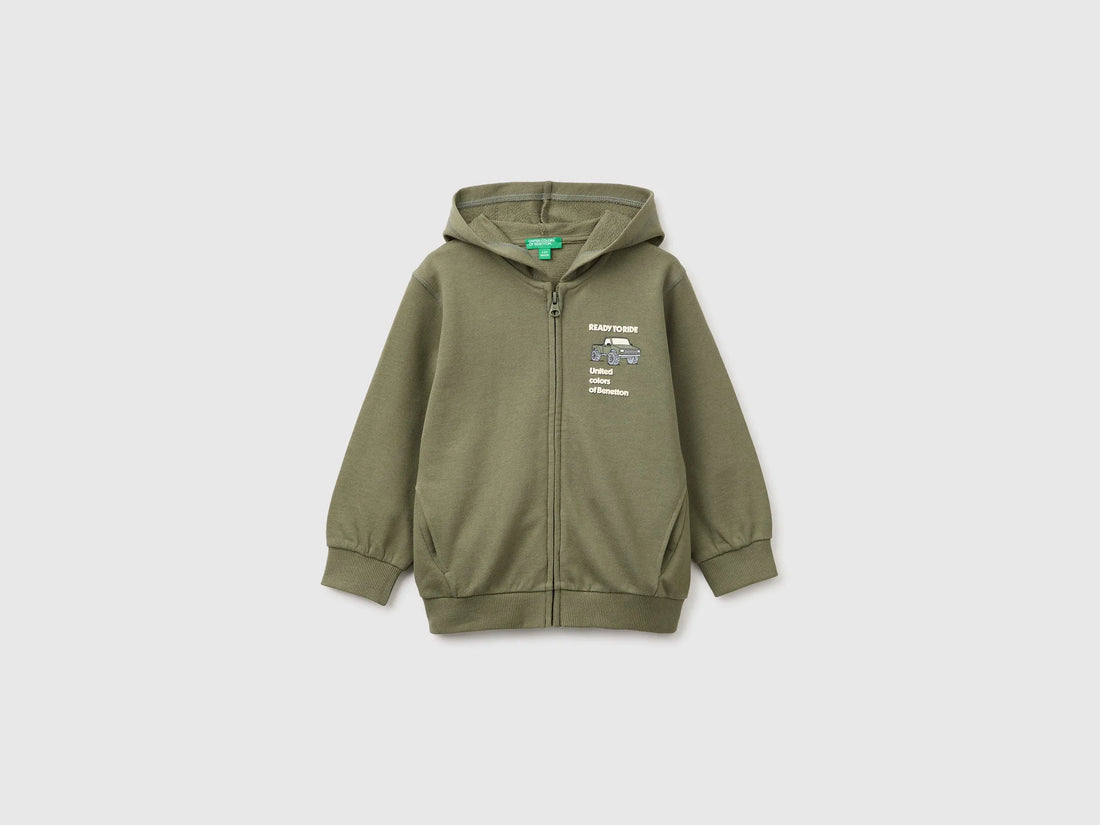 Benetton Military Green Boys Organic Cotton Hoodie with Prints SKU: 3J70G504J_07N Image 01