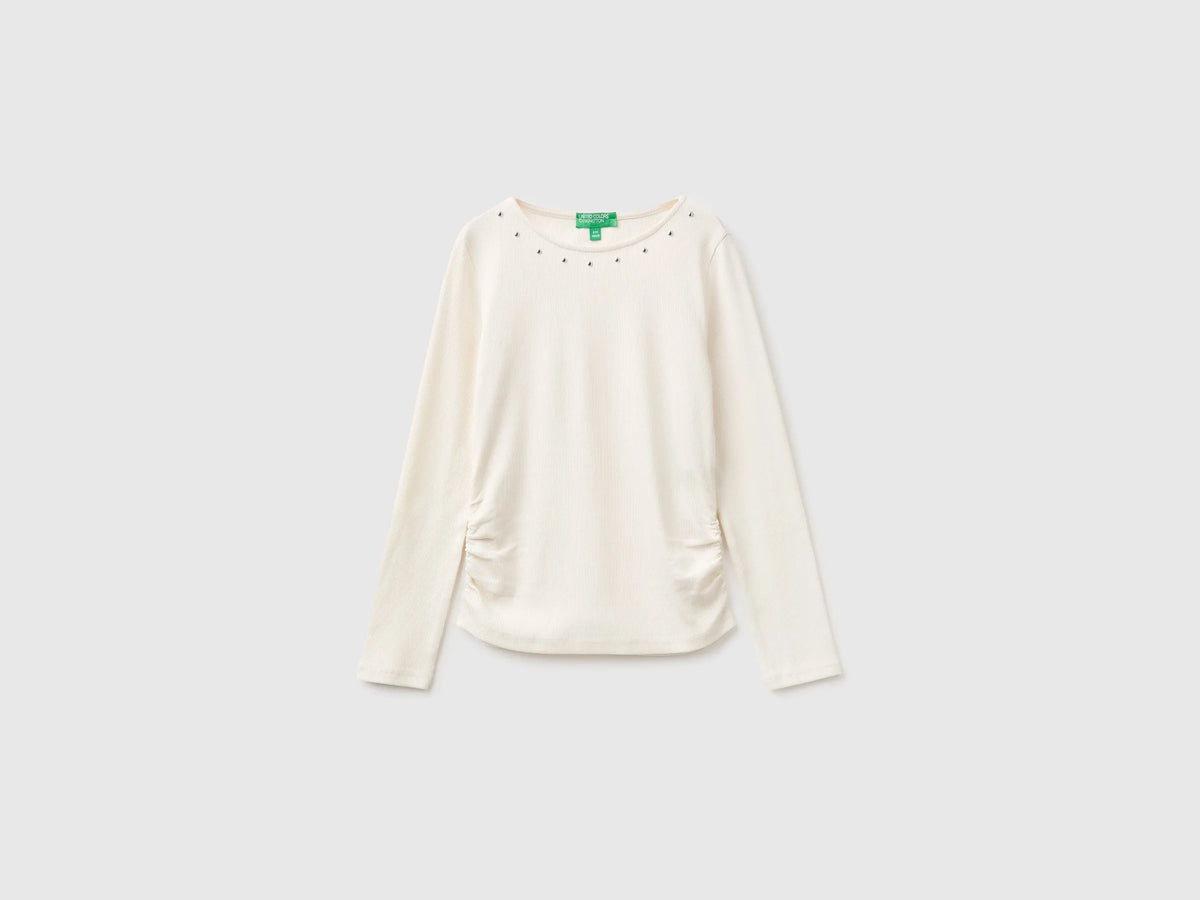 Benetton Creamy White Girls T-Shirt with Studs SKU: 3K5KC10UG_0R2 Image 01