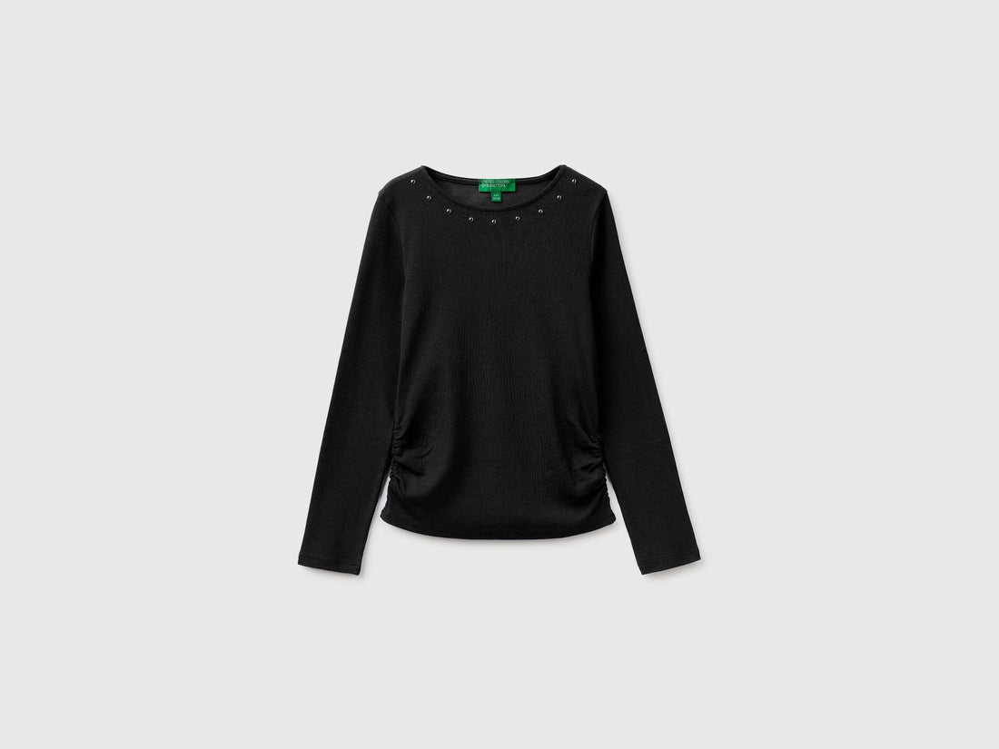 Benetton Black Girls T-Shirt with Studs SKU: 3K5KC10UG_100 Image 01