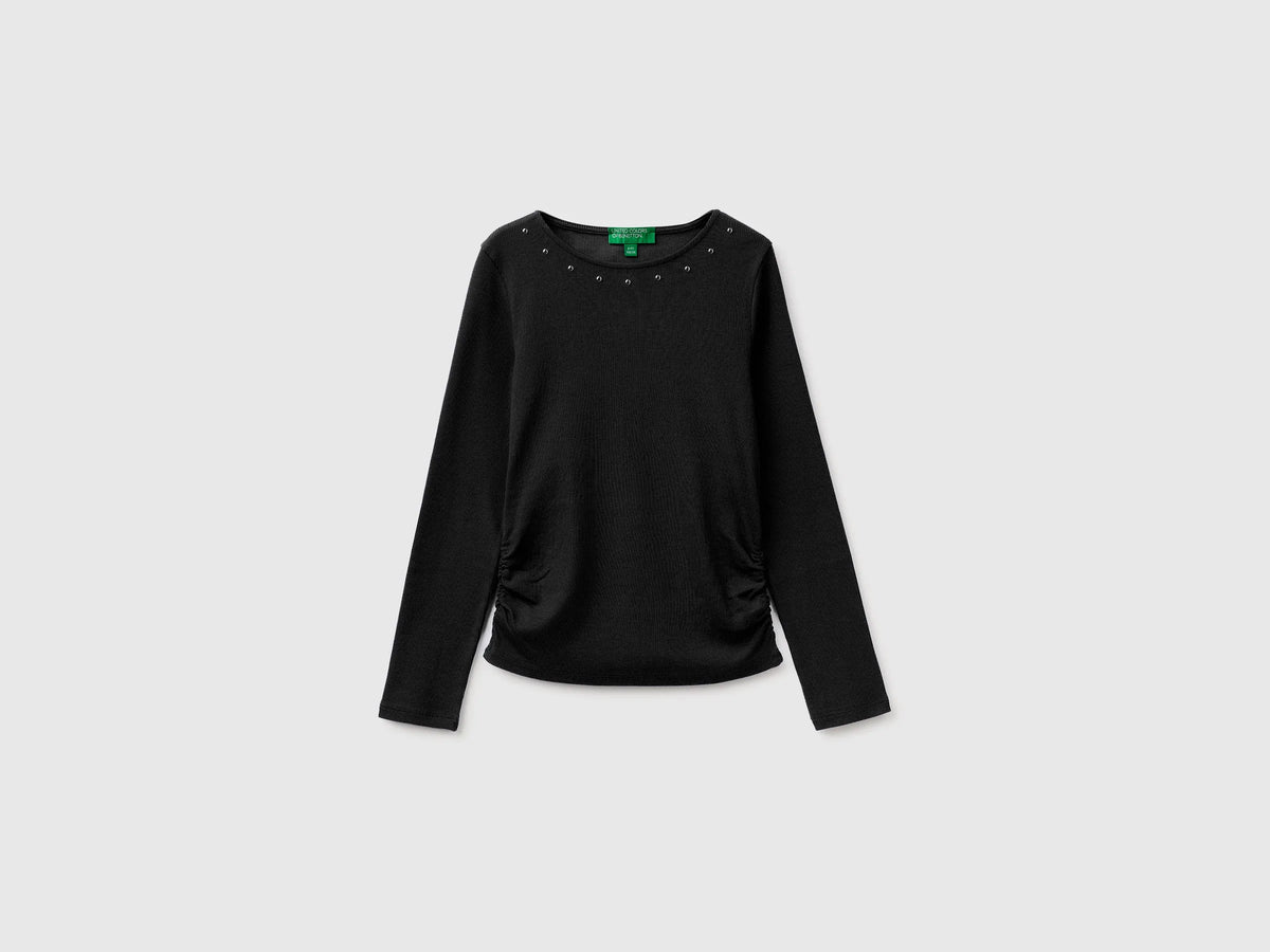 Benetton Black Girls T-Shirt with Studs SKU: 3K5KC10UG_100 Image 01