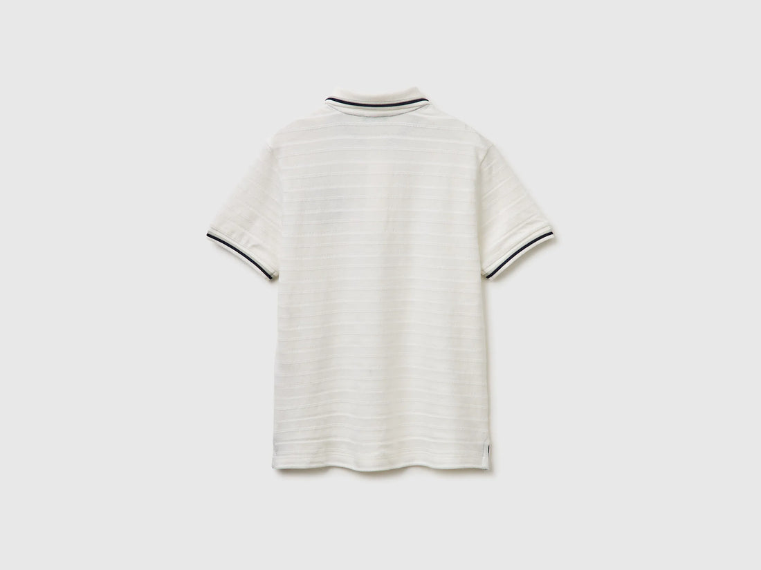 Benetton Creamy White Boys Striped Polo Shirt with Patch SKU: 3K9KC3024_902 Image 02