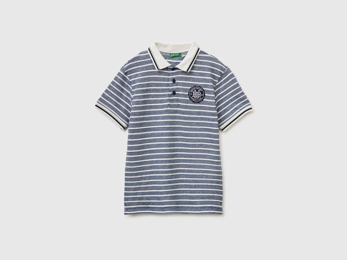 Benetton Dark Blue Boys Striped Polo Shirt with Patch SKU: 3K9KC3024_903 Image 01