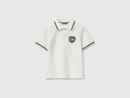 Benetton Creamy White Boys Striped Polo Shirt with Patch SKU: 3K9KG3013_902 Image 01