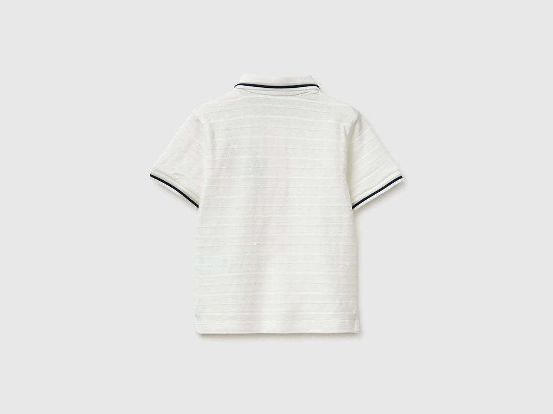 Benetton Creamy White Boys Striped Polo Shirt with Patch SKU: 3K9KG3013_902 Image 02
