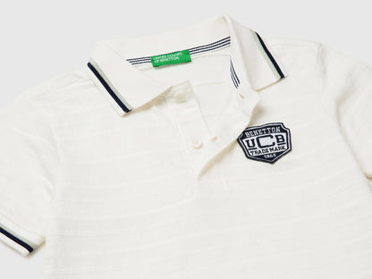 Benetton Creamy White Boys Striped Polo Shirt with Patch SKU: 3K9KG3013_902 Image 03