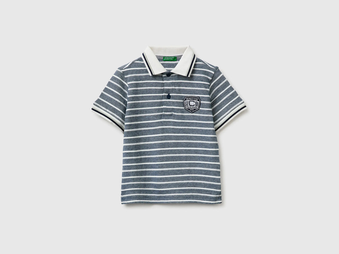 Benetton Dark Blue Boys Striped Polo Shirt with Patch SKU: 3K9KG3013_903 Image 01