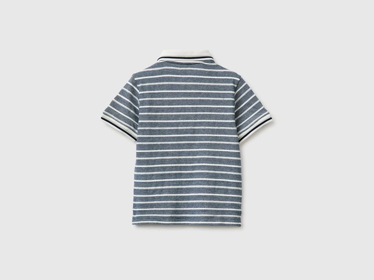 Benetton Dark Blue Boys Striped Polo Shirt with Patch SKU: 3K9KG3013_903 Image 02
