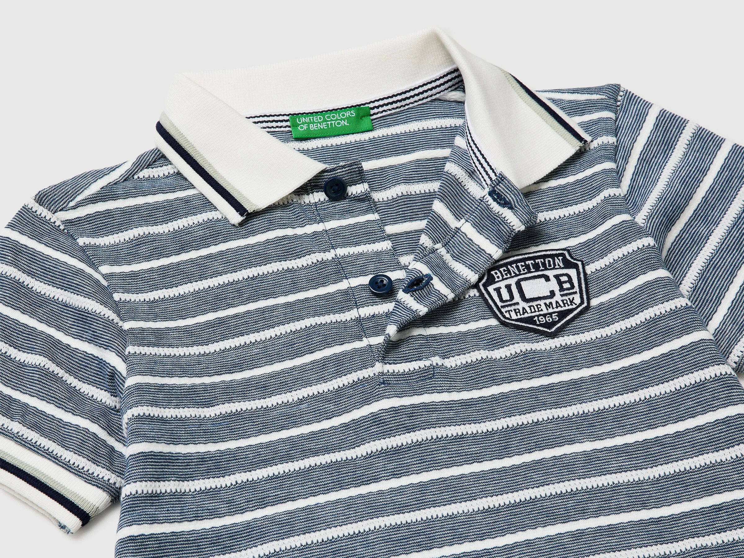 Benetton Dark Blue Boys Striped Polo Shirt with Patch SKU: 3K9KG3013_903 Image 03