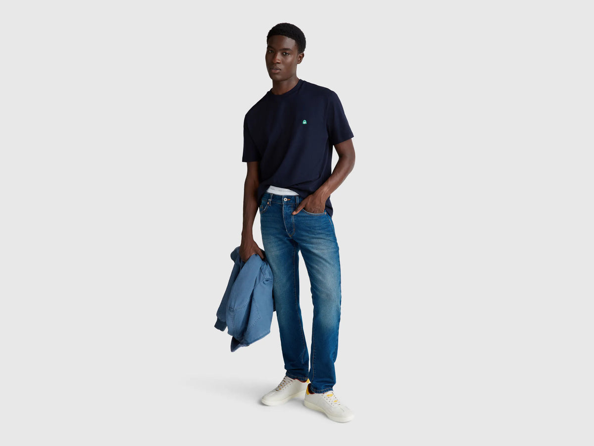 Benetton Dark Blue Men Basic Cotton T-Shirt SKU: 3MI5J1AF7_016 Image 03