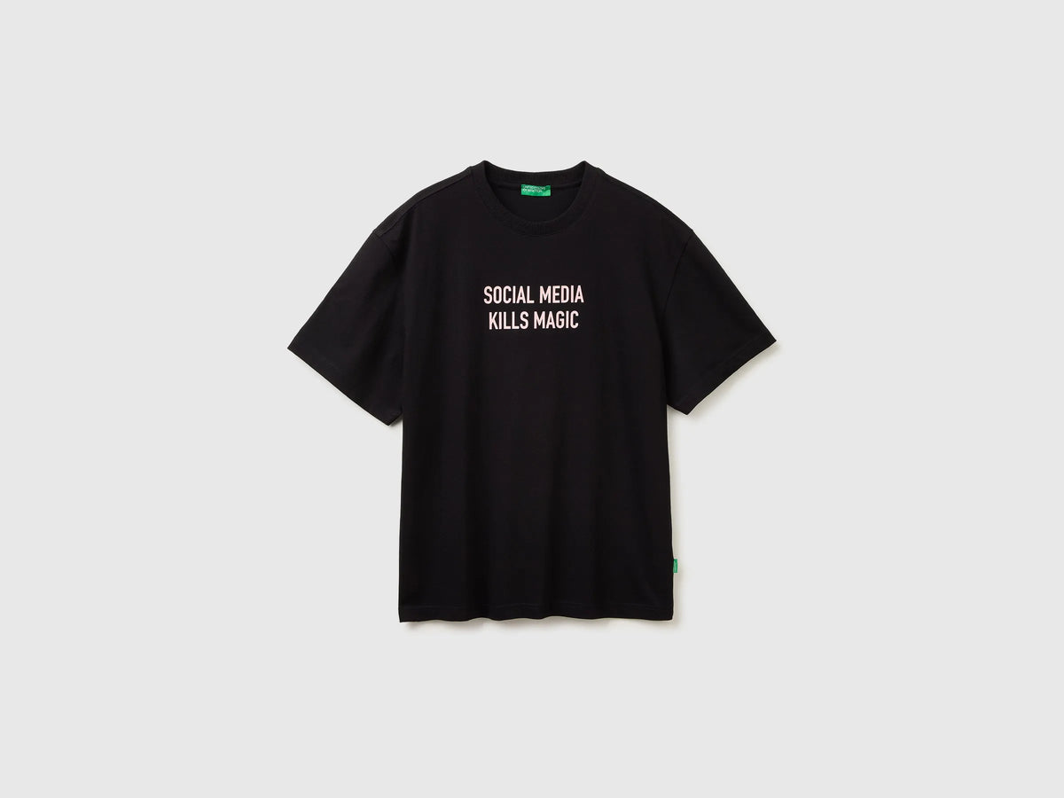 Benetton Black Men Relaxed Fit T-Shirt with Print SKU: 3MI5U10C5_100 Image 01