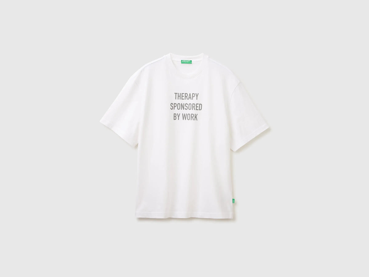 Benetton White Men Relaxed Fit T-Shirt with Print SKU: 3MI5U10C5_921 Image 01
