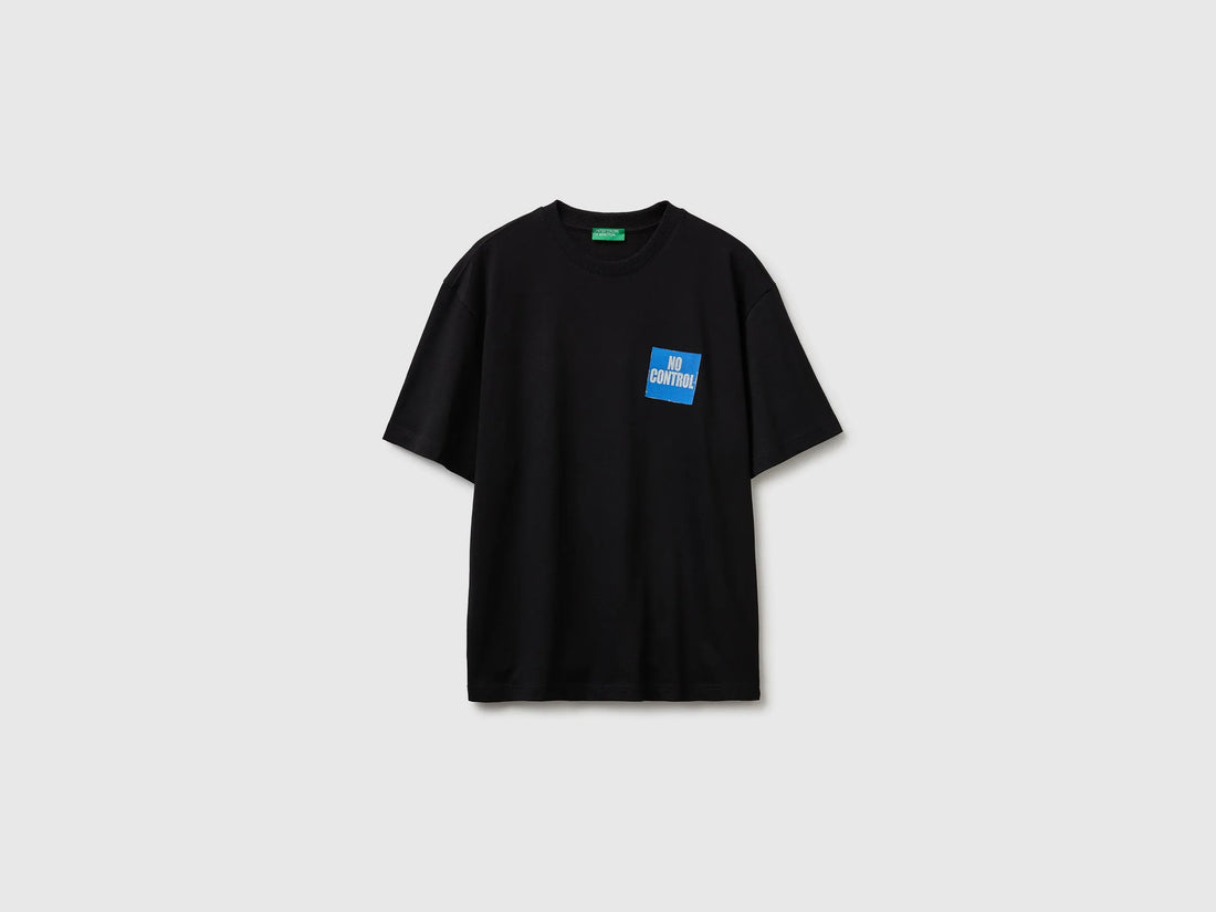Benetton Black Men Relaxed Fit T-Shirt with Print SKU: 3MI5U10C8_903 Image 01