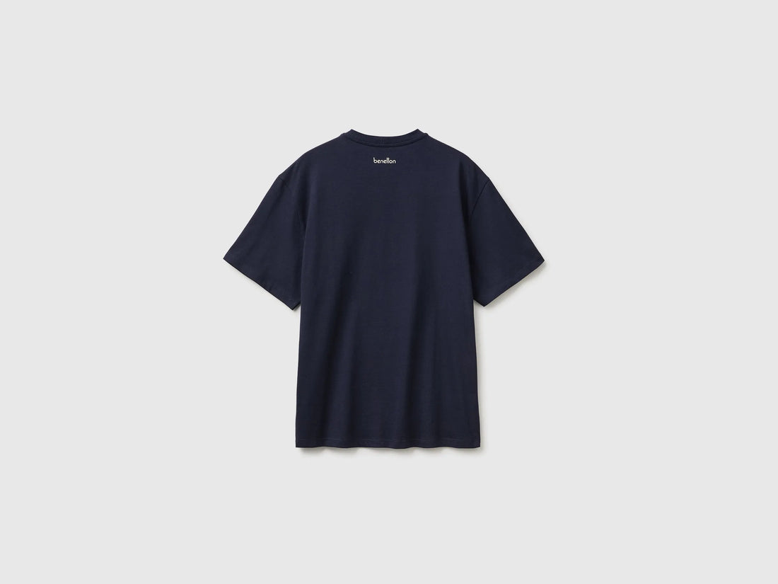 Benetton Dark Blue Men Relaxed-Fit Printed T-Shirt in Organic Cotton SKU: 3MI5U10CU_3C1 Image 02