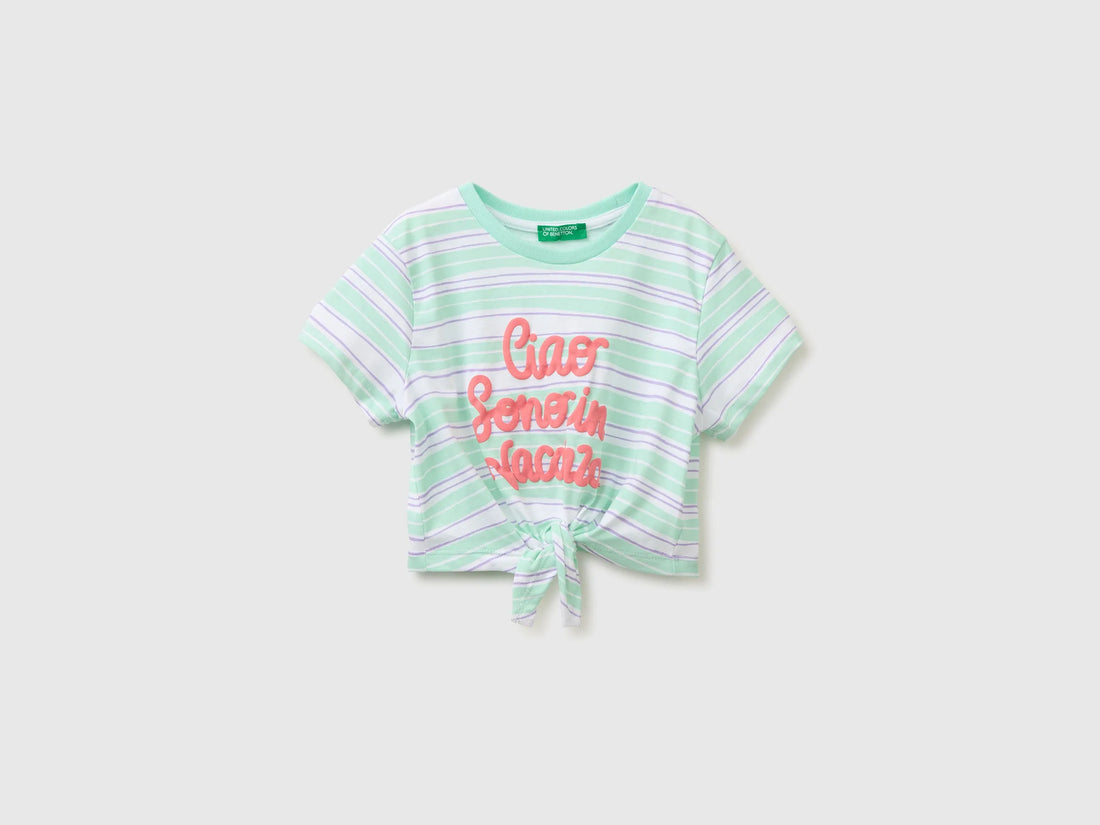 Benetton Multi-Color Girls Striped T-Shirt with Puffy Print SKU: 3P0UG10N7_73G Image 01