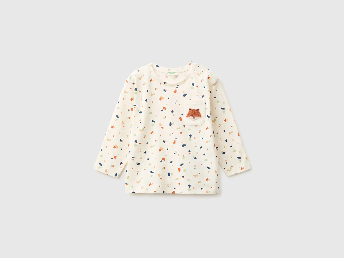 Benetton Creamy White Unisex T-Shirt with Patterned Print in Organic Cotton SKU: 3Q74A107G_901 Image 01