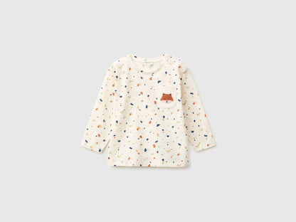 Benetton Creamy White Unisex T-Shirt with Patterned Print in Organic Cotton SKU: 3Q74A107G_901 Image 01