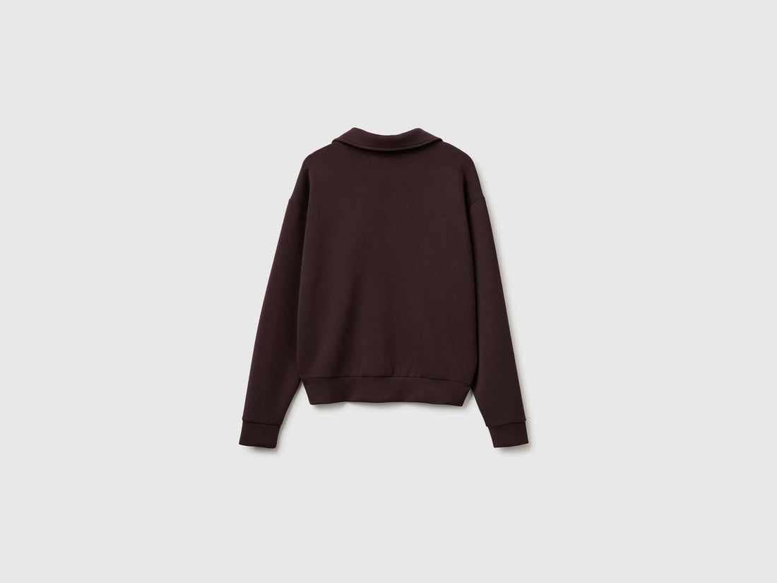 Benetton Dark Brown Women Flowing Sweatshirt with Polo Neck SKU: 3QAFD301G_0G3 Image 02