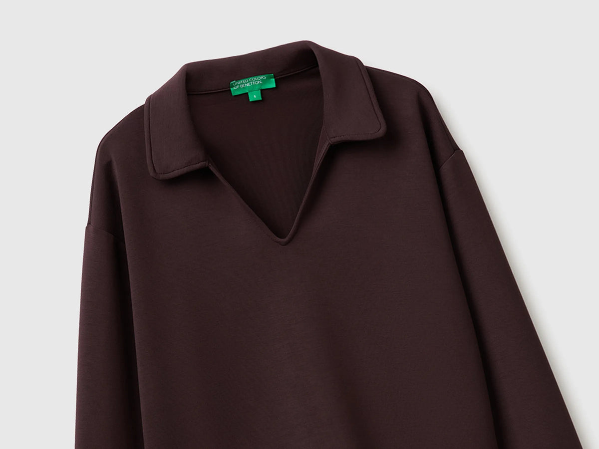 Benetton Dark Brown Women Flowing Sweatshirt with Polo Neck SKU: 3QAFD301G_0G3 Image 03