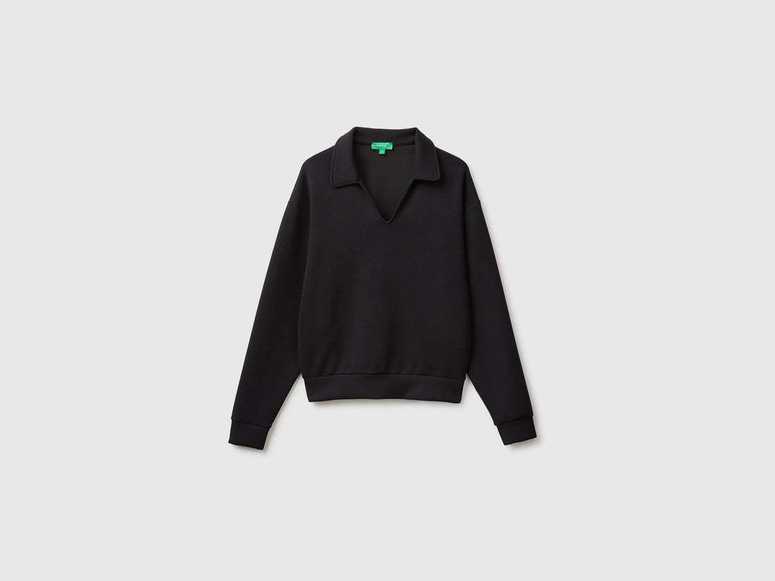 Benetton Black Women Flowing Sweatshirt with Polo Neck SKU: 3QAFD301G_100 Image 01