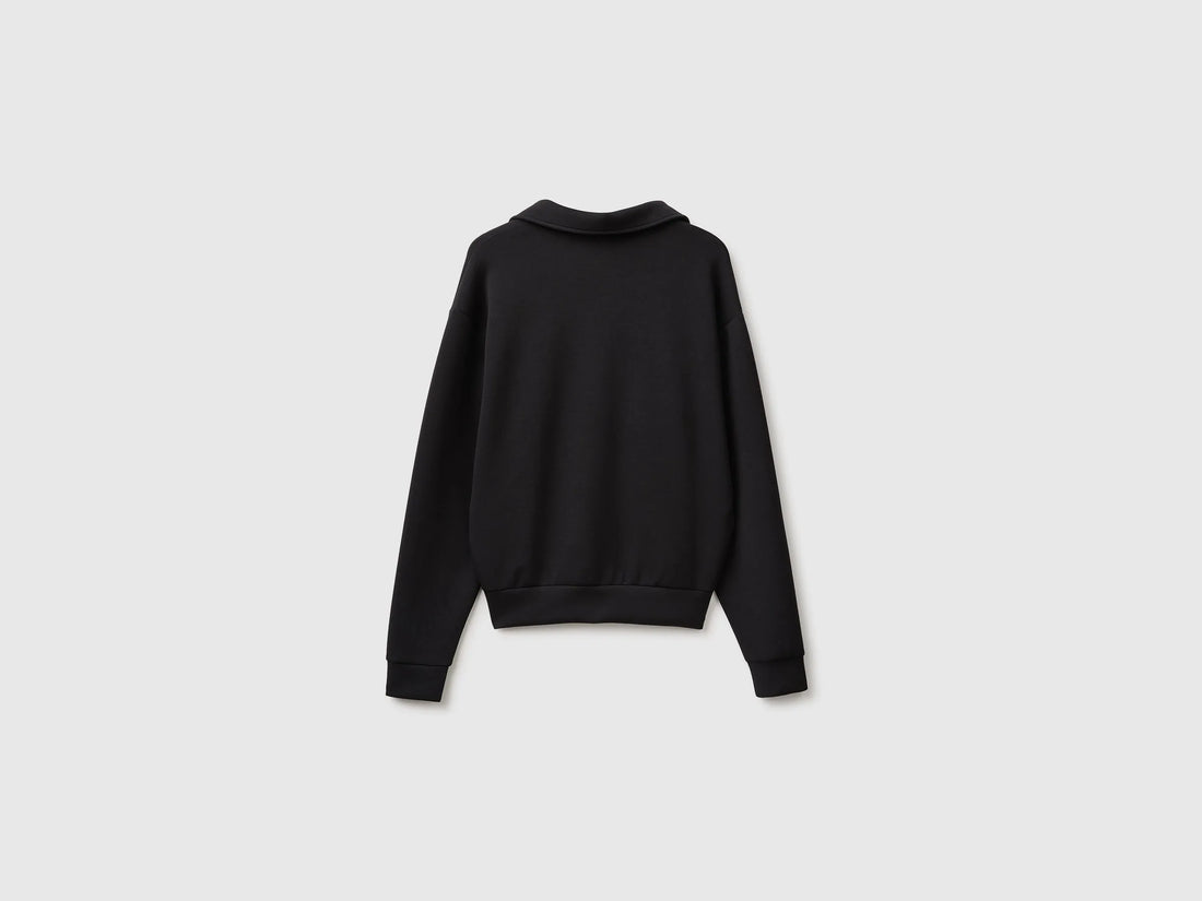 Benetton Black Women Flowing Sweatshirt with Polo Neck SKU: 3QAFD301G_100 Image 02