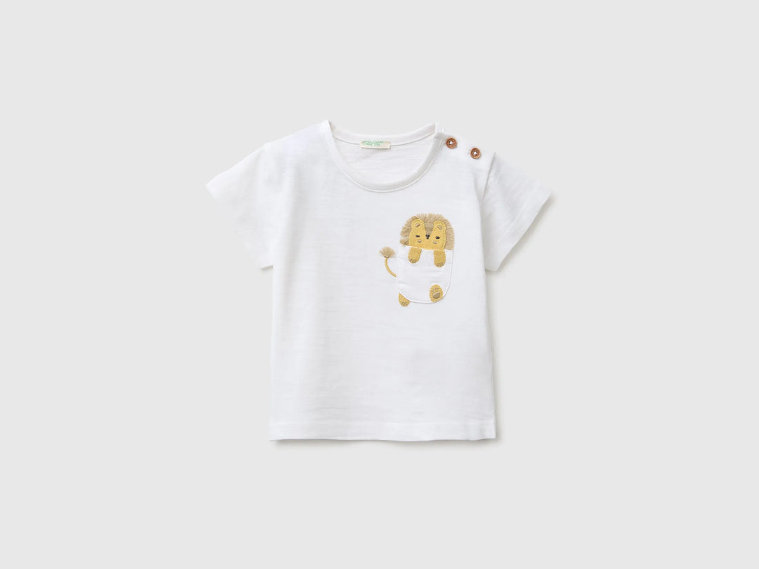 Benetton White Baby T-Shirt with Pocket and Little Animal SKU: 3SDLA107A_101 Image 01
