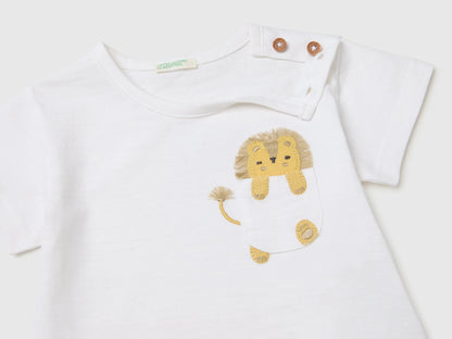 Benetton White Baby T-Shirt with Pocket and Little Animal SKU: 3SDLA107A_101 Image 03