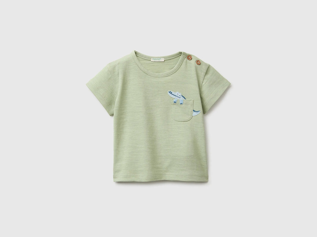 Benetton Green Baby Boy T-Shirt with Pocket and Little Animal SKU: 3SDLA107A_218 Image 01