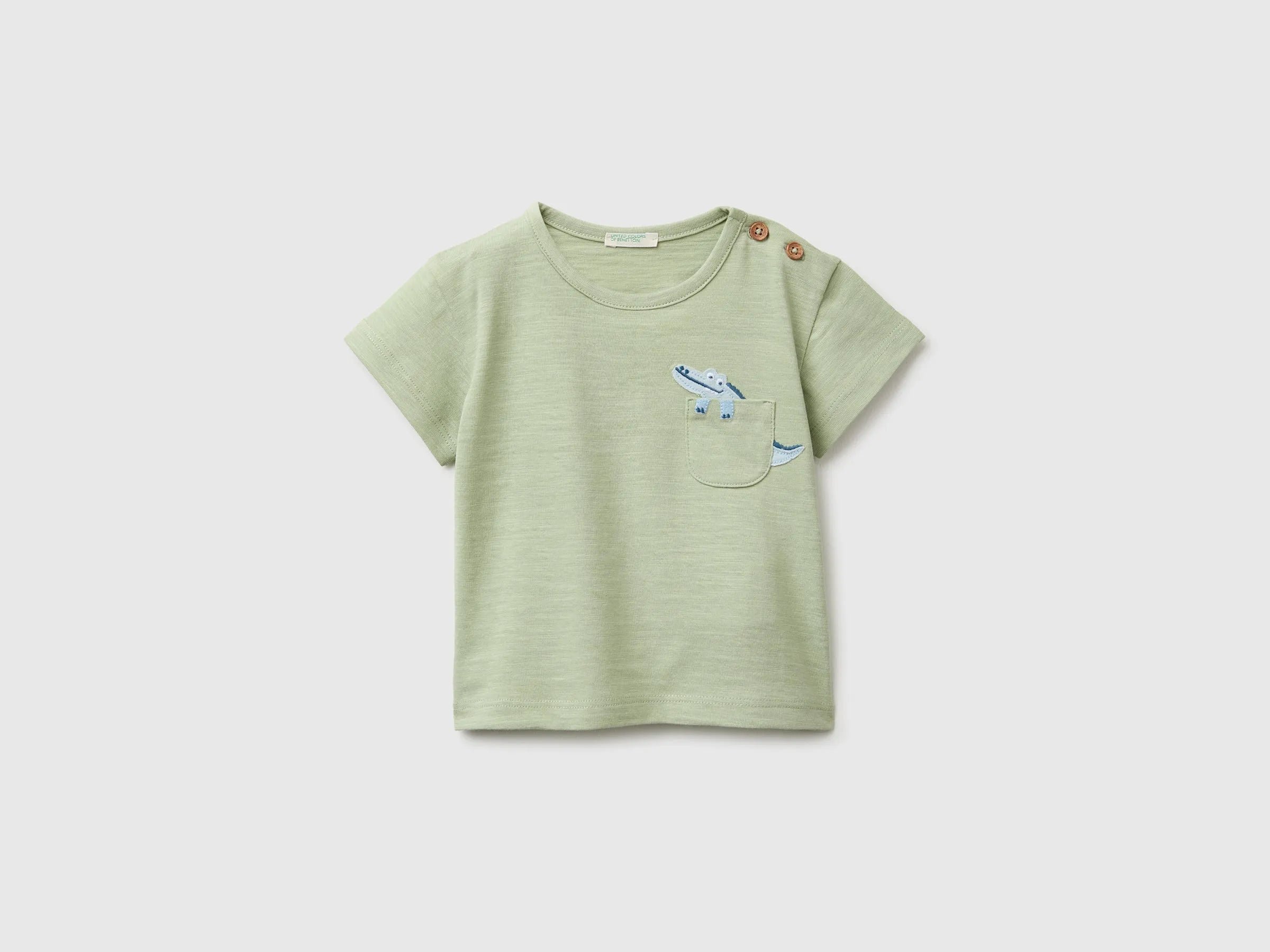 Benetton Green Baby Boy T-Shirt with Pocket and Little Animal SKU: 3SDLA107A_218 Image 01