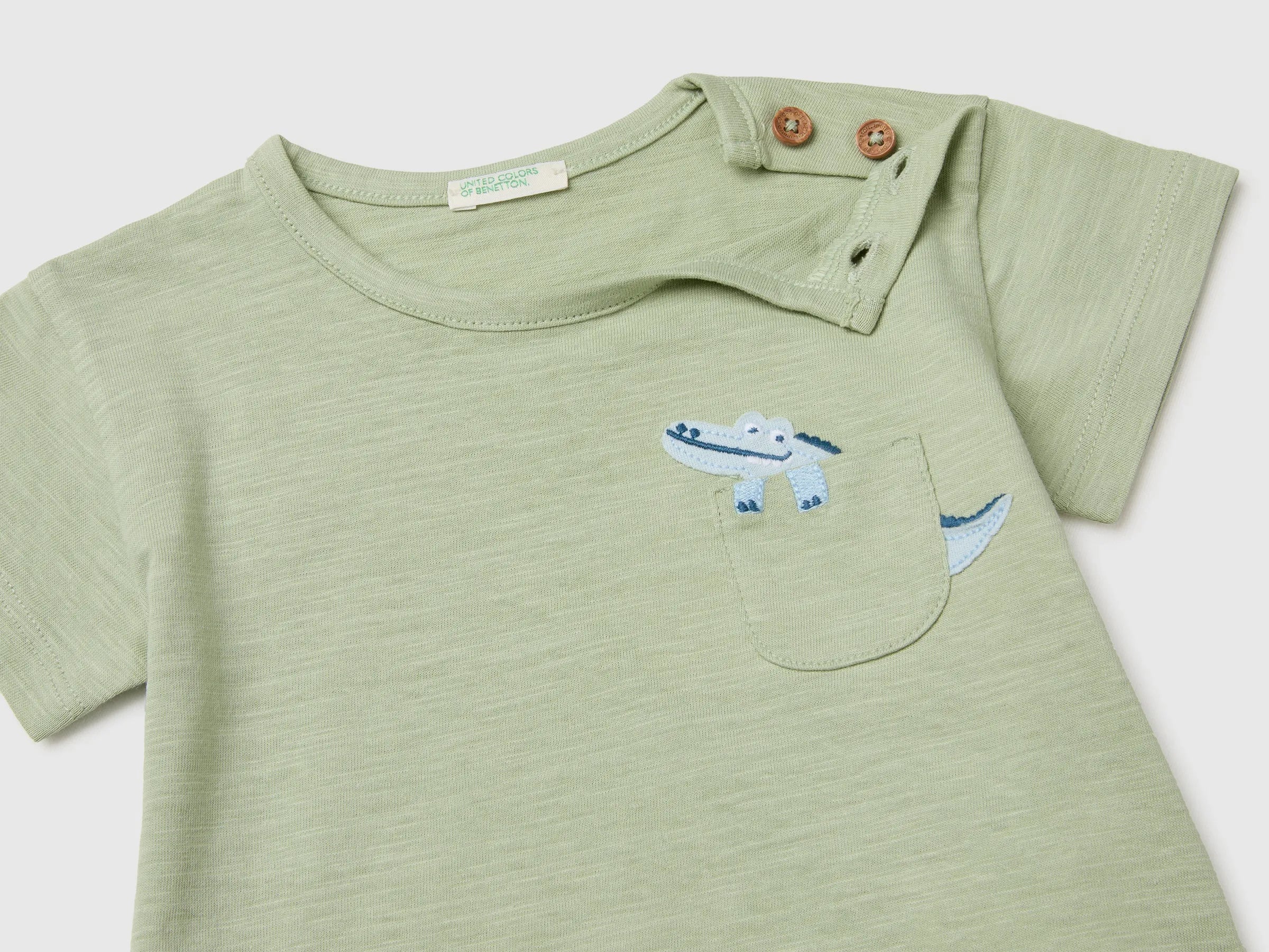 Benetton Green Baby Boy T-Shirt with Pocket and Little Animal SKU: 3SDLA107A_218 Image 03