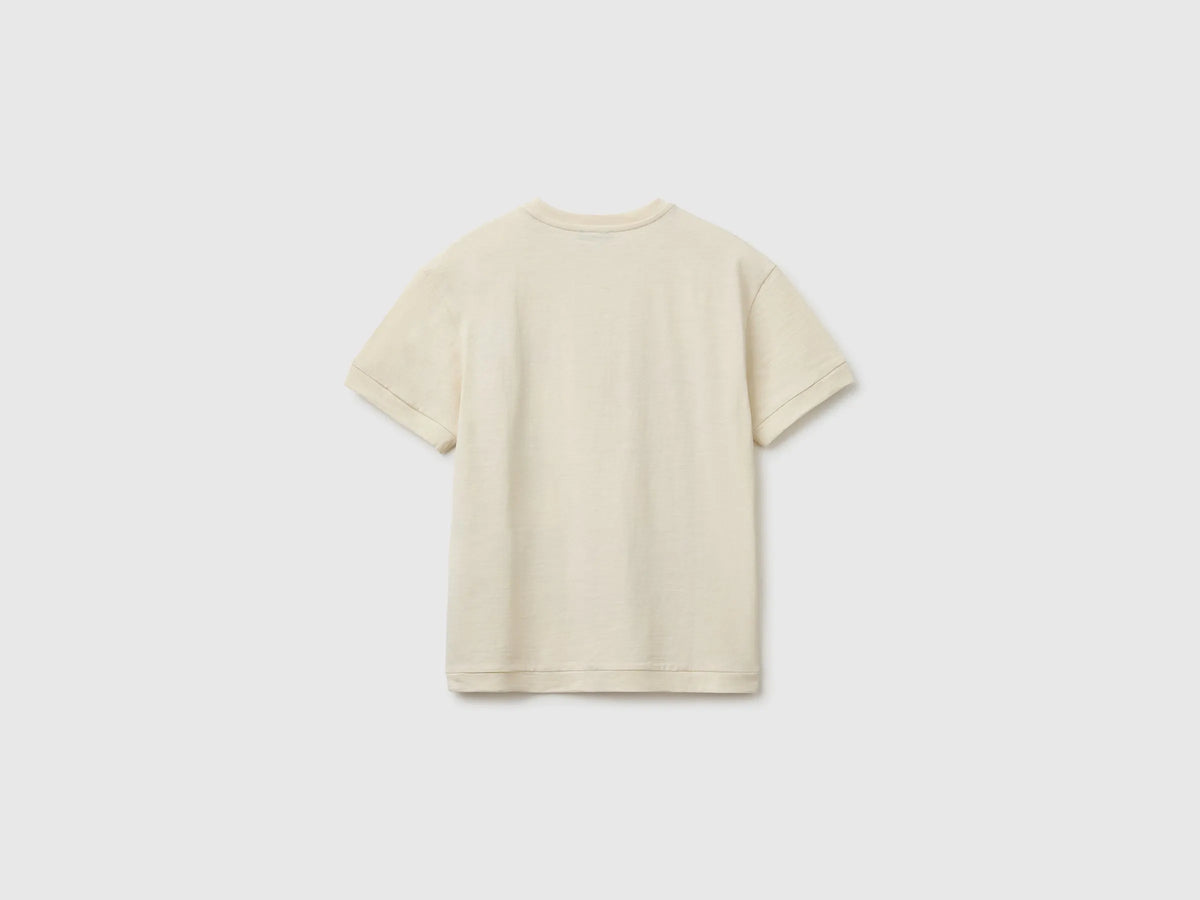 Benetton Beige Boys Crew Neck T-Shirt with Print SKU: 3SDLC10TU_3C9 Image 02