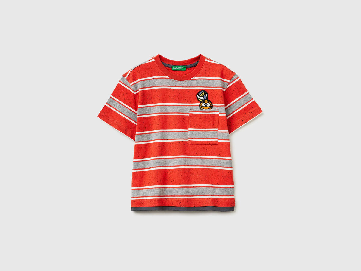 Benetton Red Boys Striped T-Shirt with Patch SKU: 3T52G10MI_901 Image 01