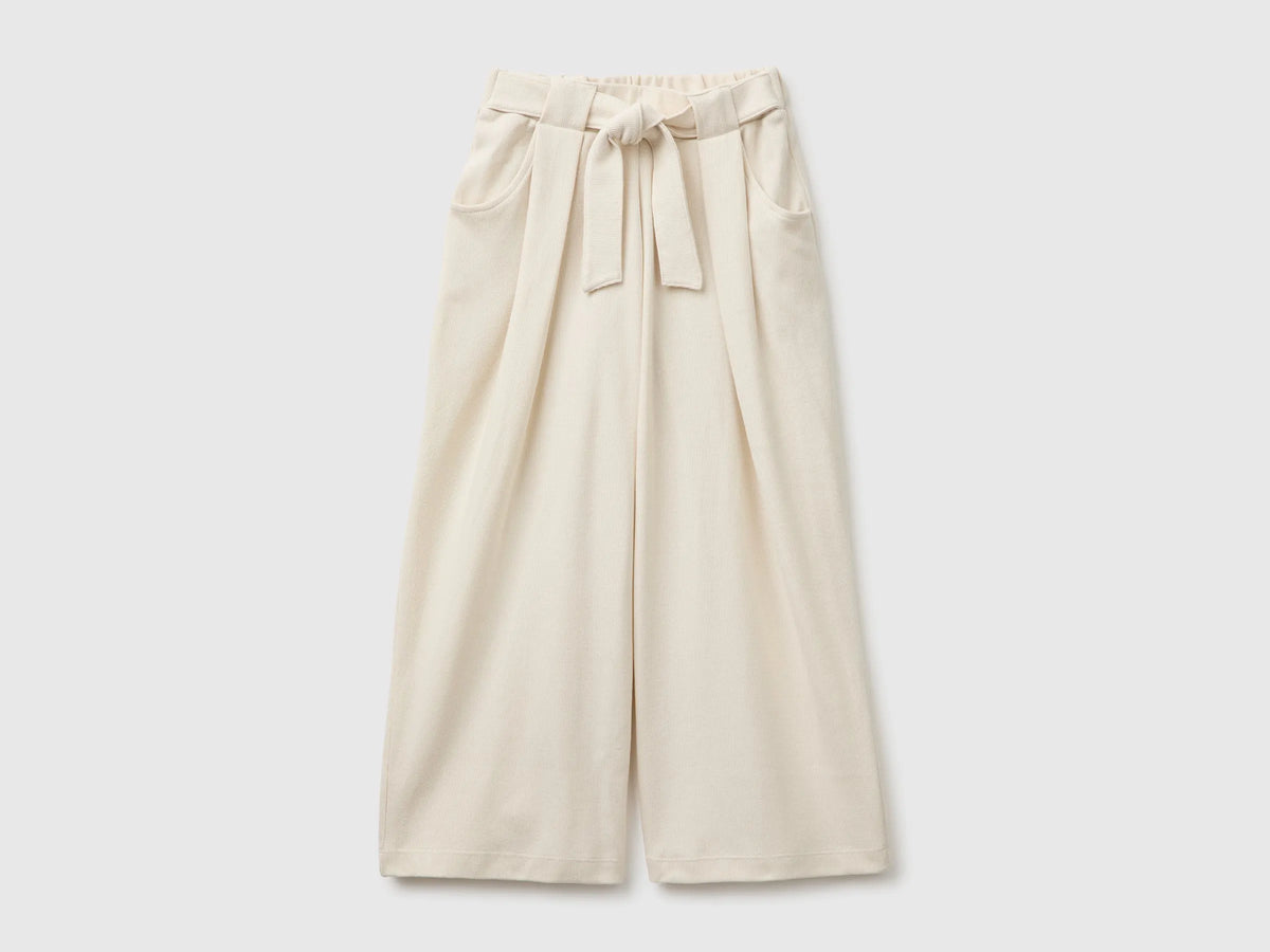 Benetton Creamy White Girls Trousers with Sash in Warm Cotton SKU: 3UODCF06F_00V Image 01