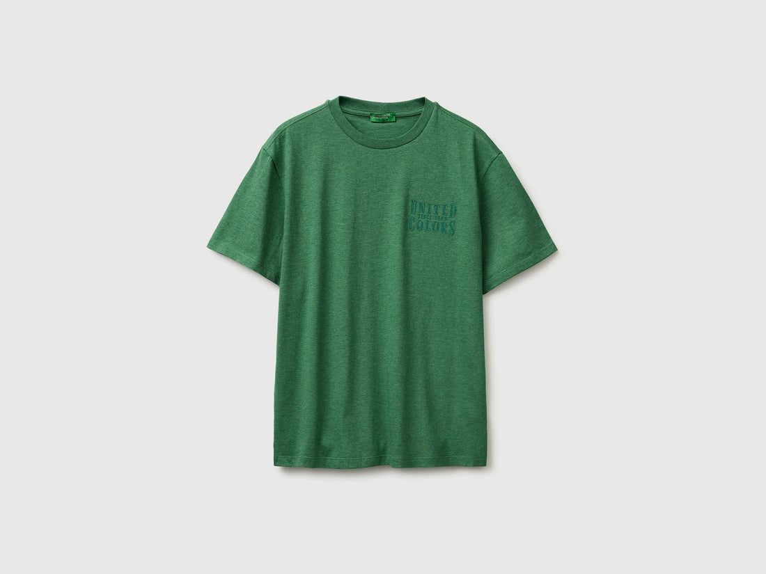 Benetton Green Men Melange T-Shirt with Logo SKU: 3UWFU10BV_6P8 Image 01