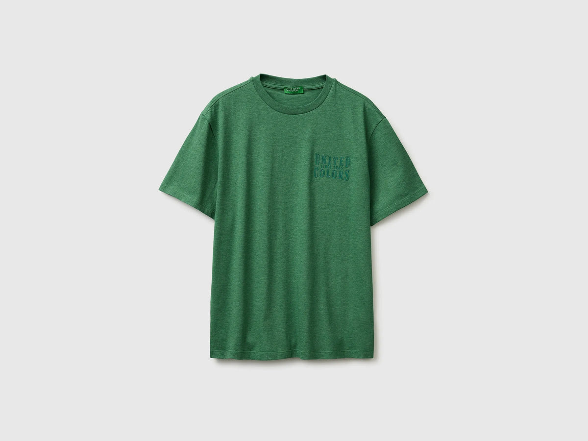 Benetton Green Men Melange T-Shirt with Logo SKU: 3UWFU10BV_6P8 Image 01