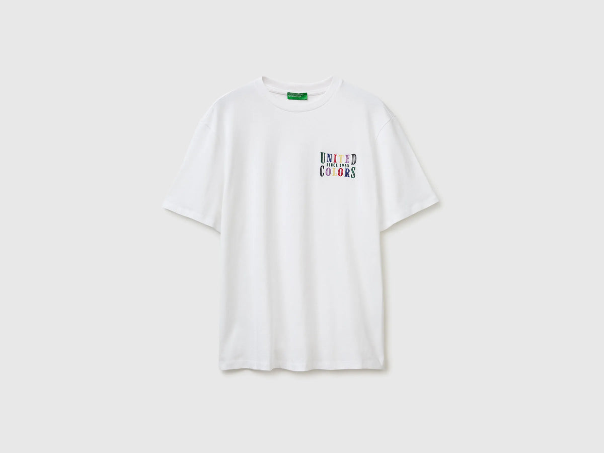 Benetton White Men Melange T-Shirt with Logo SKU: 3UWFU10BV_901 Image 01