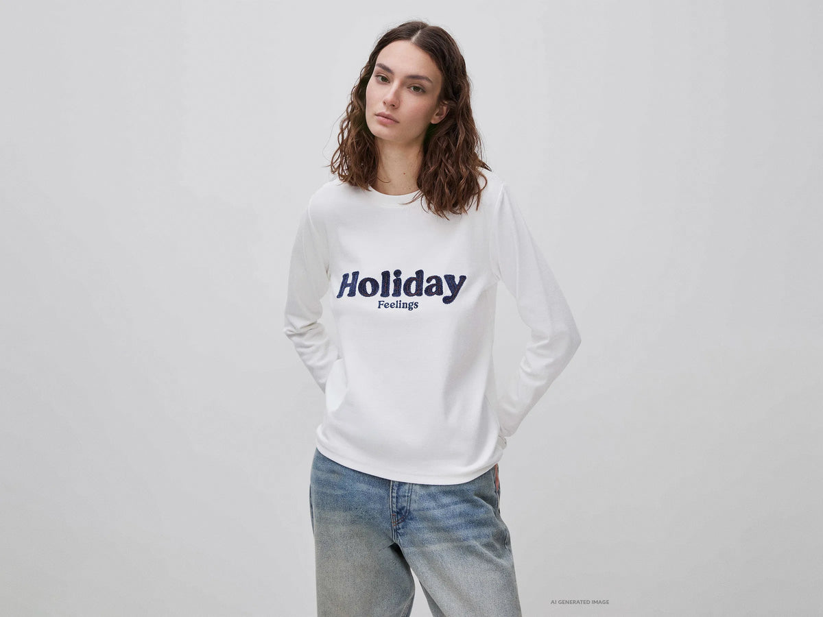 Benetton Creamy White Women Warm Cotton T-Shirt with Slogan SKU: 3WWQD10DQ_074 Image 02