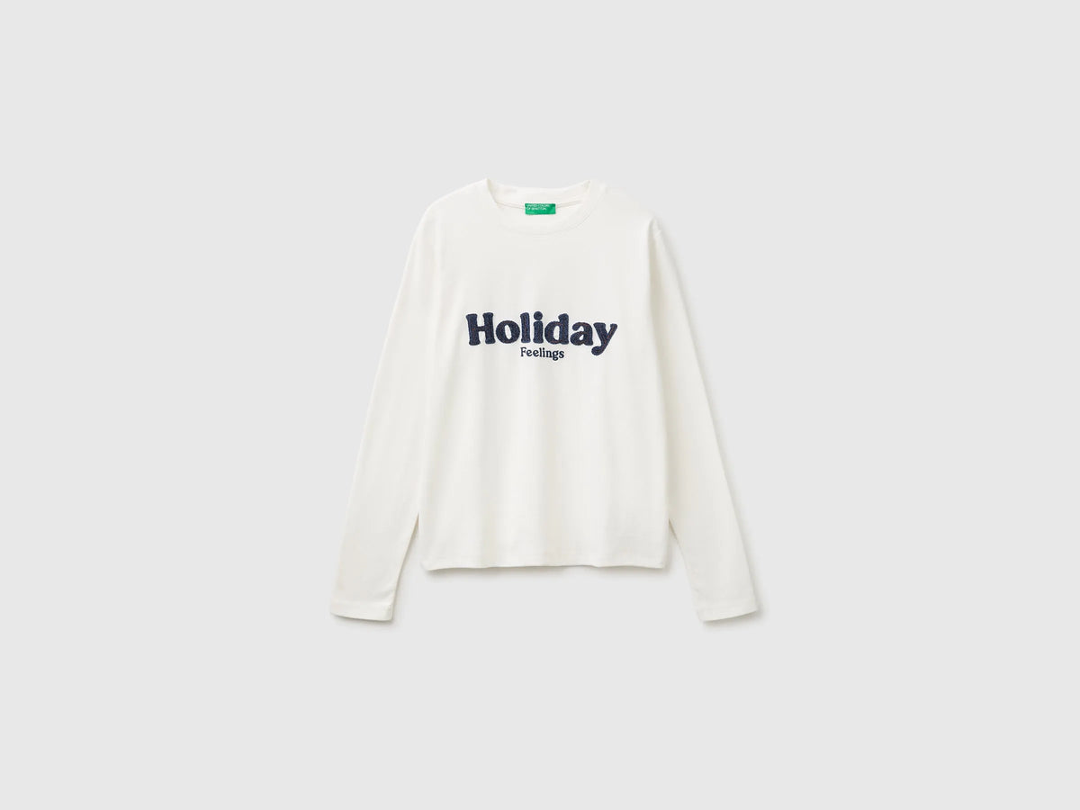 Benetton Creamy White Women Warm Cotton T-Shirt with Slogan SKU: 3WWQD10DQ_074 Image 05
