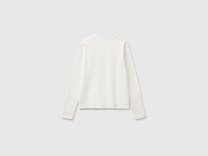 Benetton Creamy White Women Warm Cotton T-Shirt with Slogan SKU: 3WWQD10DQ_074 Image 06