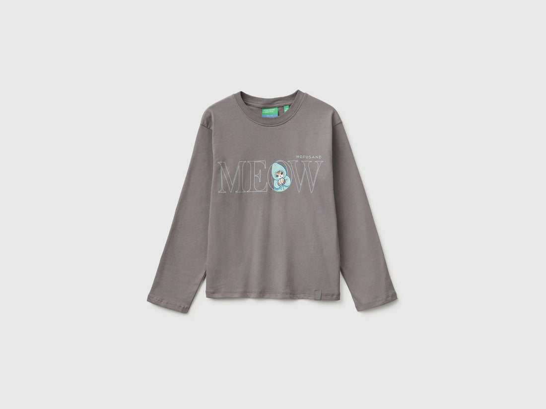Benetton Gray Girls Mofusend 100% Cotton T-Shirt SKU: 3XUGC10UK_39R Image 01